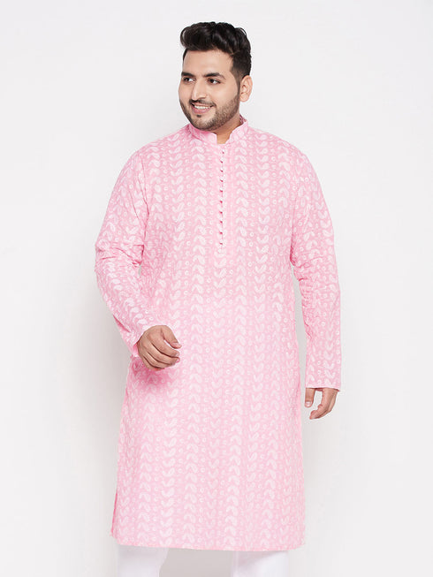 Vastramay Men's Plus Size Pink Chikankari Embroidered Kurta