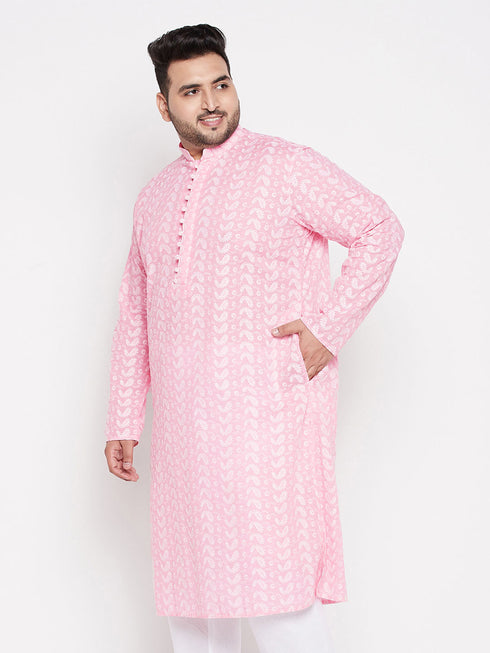 Vastramay Men's Plus Size Pink Chikankari Embroidered Kurta