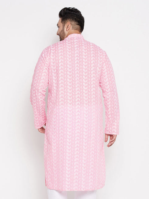 Vastramay Men's Plus Size Pink Chikankari Embroidered Kurta