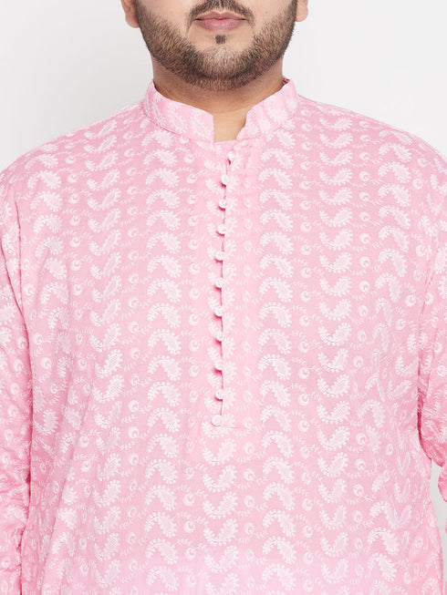 Vastramay Men's Plus Size Pink Chikankari Embroidered Kurta
