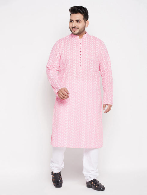 Vastramay Men's Plus Size Pink Chikankari Embroidered Kurta