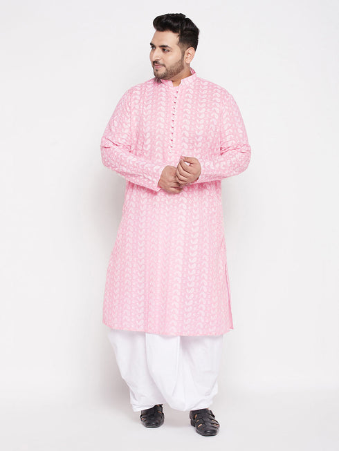 Vastramay Men's Plus Size Pink Chikankari Embroidered Kurta And White Dhoti Set