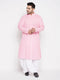 Vastramay Men's Plus Size Pink Chikankari Embroidered Kurta And White Dhoti Set