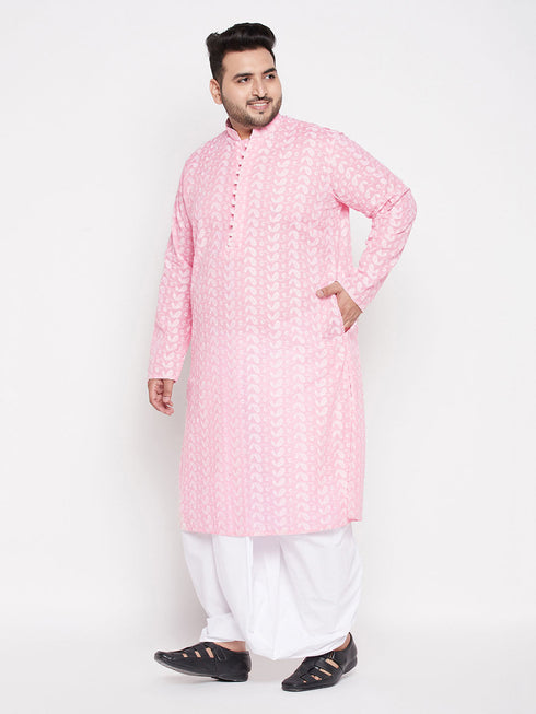 Vastramay Men's Plus Size Pink Chikankari Embroidered Kurta And White Dhoti Set
