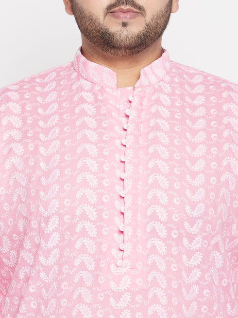 Vastramay Men's Plus Size Pink Chikankari Embroidered Kurta And White Dhoti Set