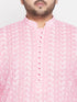 Vastramay Men's Plus Size Pink Chikankari Embroidered Kurta And White Dhoti Set