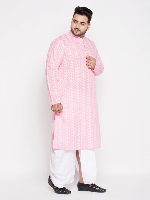Vastramay Men's Plus Size Pink Chikankari Embroidered Kurta And White Dhoti Set