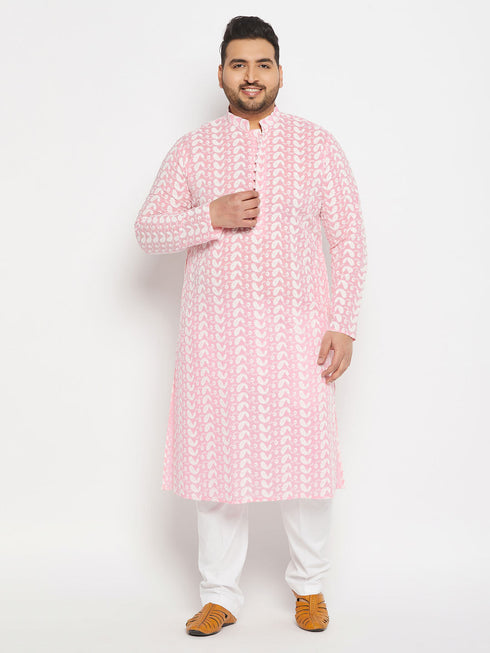 Vastramay Men's Plus Size Pink Chikankari Embroidered Kurta And White Cotton Pant Style Pyjama Set
