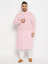 Vastramay Men's Plus Size Pink Chikankari Embroidered Kurta And White Cotton Pant Style Pyjama Set