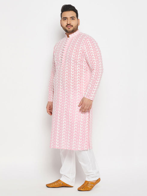 Vastramay Men's Plus Size Pink Chikankari Embroidered Kurta And White Cotton Pant Style Pyjama Set