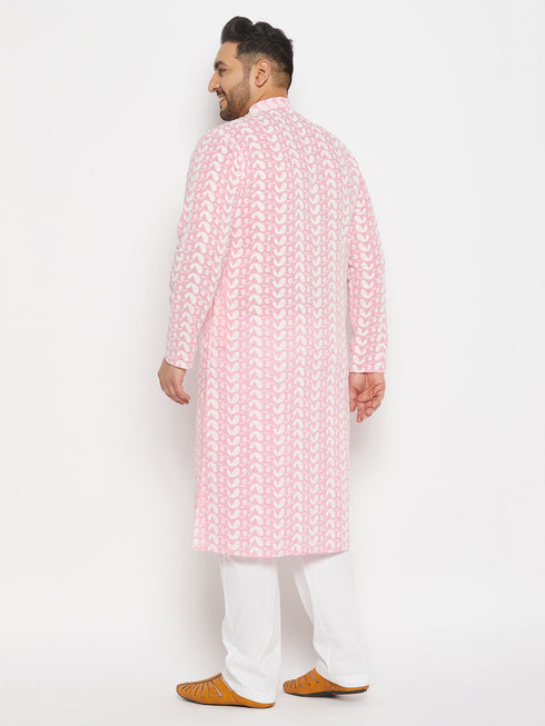 Vastramay Men's Plus Size Pink Chikankari Embroidered Kurta And White Cotton Pant Style Pyjama Set