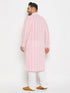 Vastramay Men's Plus Size Pink Chikankari Embroidered Kurta And White Cotton Pant Style Pyjama Set