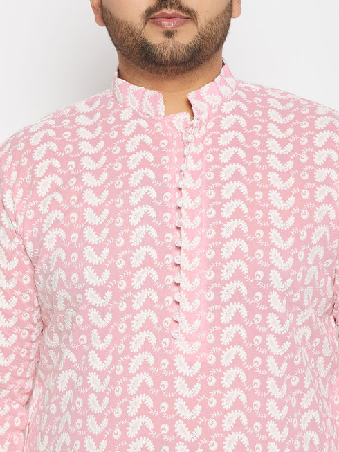 Vastramay Men's Plus Size Pink Chikankari Embroidered Kurta And White Cotton Pant Style Pyjama Set