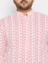 Vastramay Men's Plus Size Pink Chikankari Embroidered Kurta And White Cotton Pant Style Pyjama Set