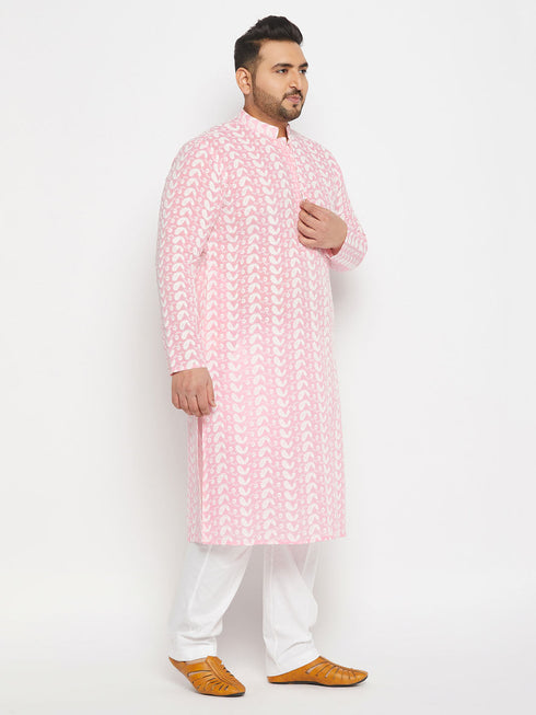 Vastramay Men's Plus Size Pink Chikankari Embroidered Kurta And White Cotton Pant Style Pyjama Set
