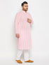 Vastramay Men's Plus Size Pink Chikankari Embroidered Kurta And White Cotton Pant Style Pyjama Set