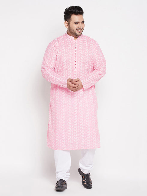 Vastramay Men's Plus Size Pink Chikankari Embroidered Kurta And White Pyjama Set