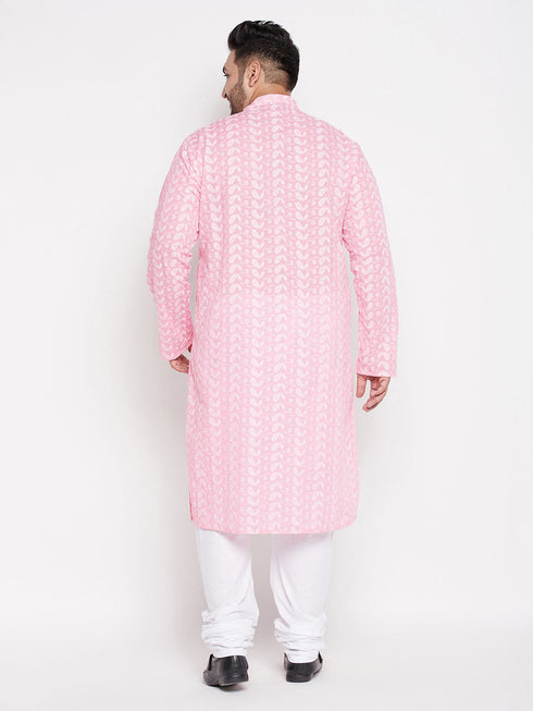 Vastramay Men's Plus Size Pink Chikankari Embroidered Kurta And White Pyjama Set