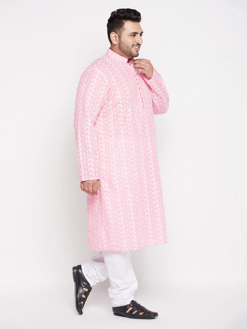 Vastramay Men's Plus Size Pink Chikankari Embroidered Kurta And White Pyjama Set