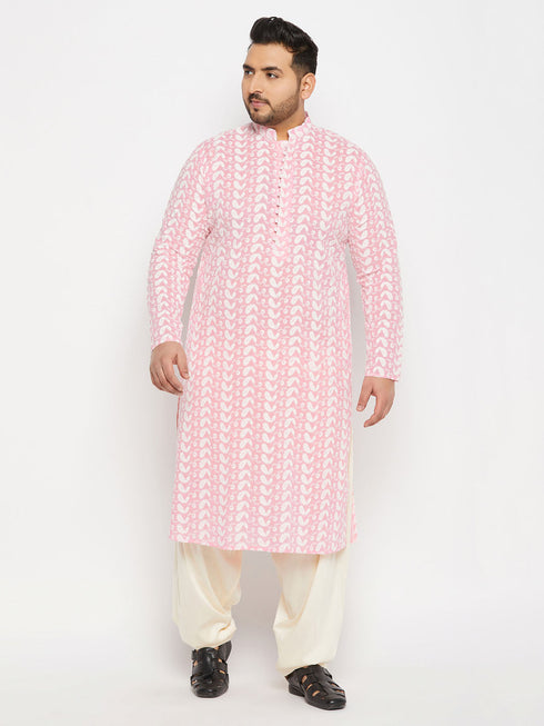 Vastramay Men's Plus Size Pink Chikankari Embroidered Kurta And Cream Patiala Set