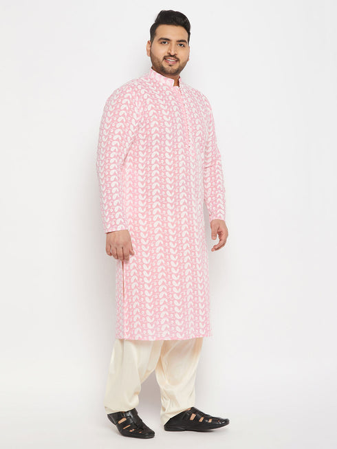Vastramay Men's Plus Size Pink Chikankari Embroidered Kurta And Cream Patiala Set