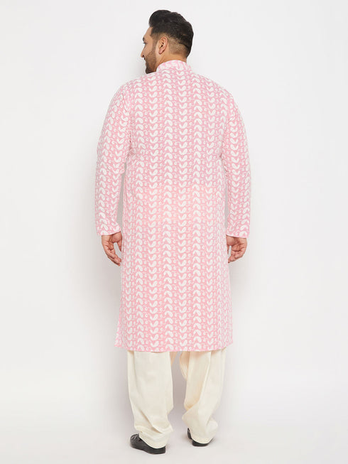 Vastramay Men's Plus Size Pink Chikankari Embroidered Kurta And Cream Patiala Set