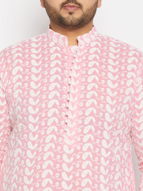 Vastramay Men's Plus Size Pink Chikankari Embroidered Kurta And Cream Patiala Set