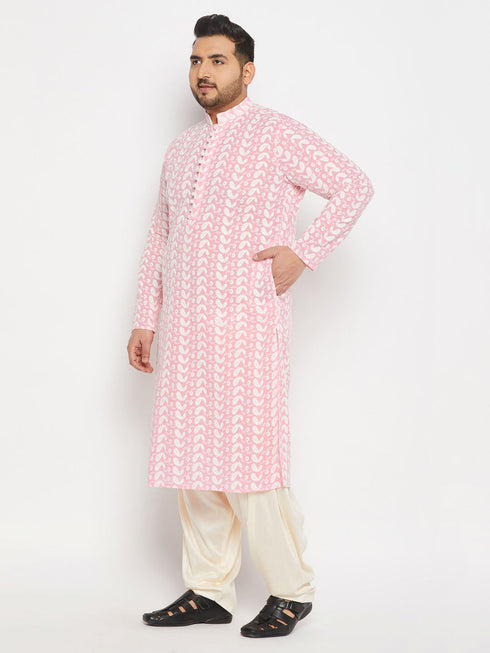 Vastramay Men's Plus Size Pink Chikankari Embroidered Kurta And Cream Patiala Set