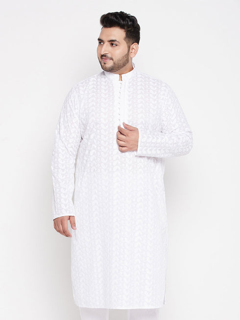Vastramay Men's Plus Size White Chikankari Embroidered Kurta