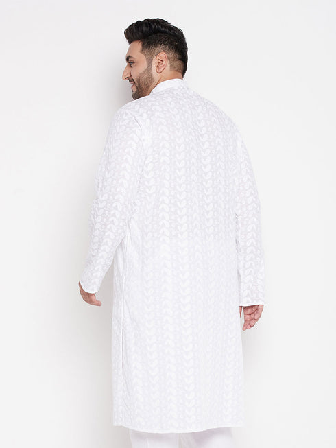 Vastramay Men's Plus Size White Chikankari Embroidered Kurta