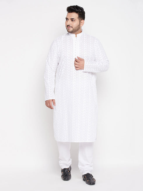 Vastramay Men's Plus Size White Chikankari Embroidered Kurta