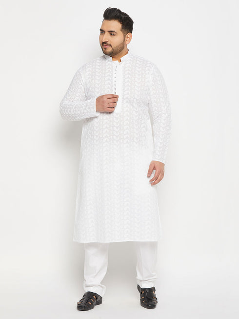 Vastramay Men's Plus Size White Chikankari Embroidered Kurta And White Cotton Pant Style Pyjama Set