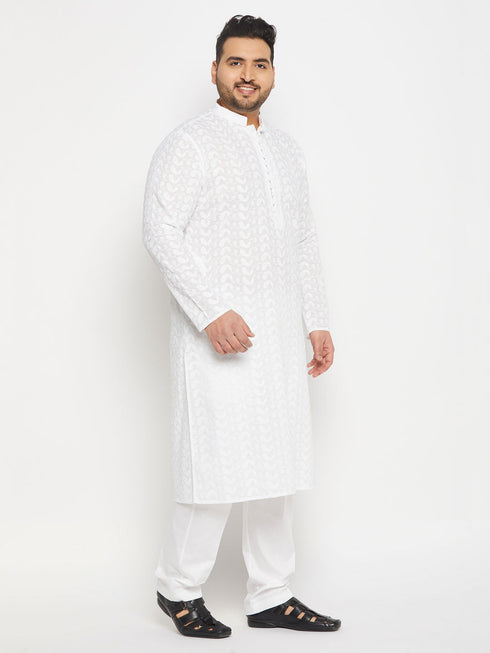 Vastramay Men's Plus Size White Chikankari Embroidered Kurta And White Cotton Pant Style Pyjama Set
