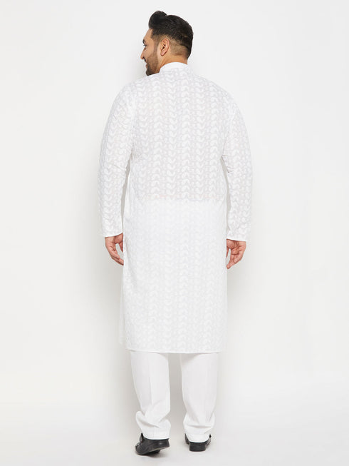 Vastramay Men's Plus Size White Chikankari Embroidered Kurta And White Cotton Pant Style Pyjama Set