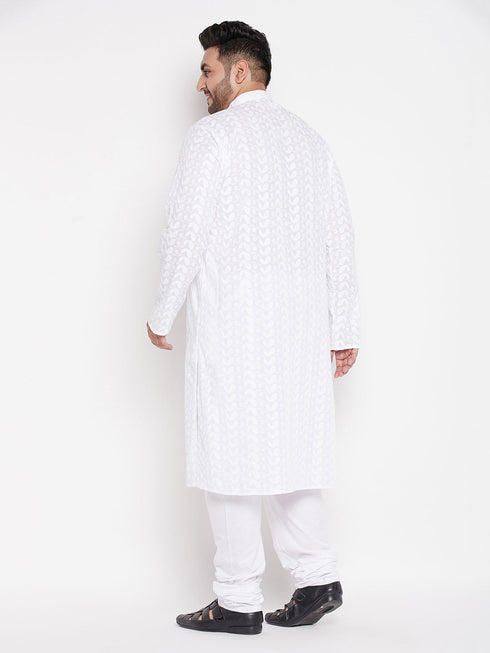 Vastramay Men's Plus Size White Chikankari Embroidered Kurta And White Pyjama Set
