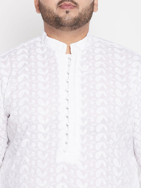 Vastramay Men's Plus Size White Chikankari Embroidered Kurta And White Pyjama Set