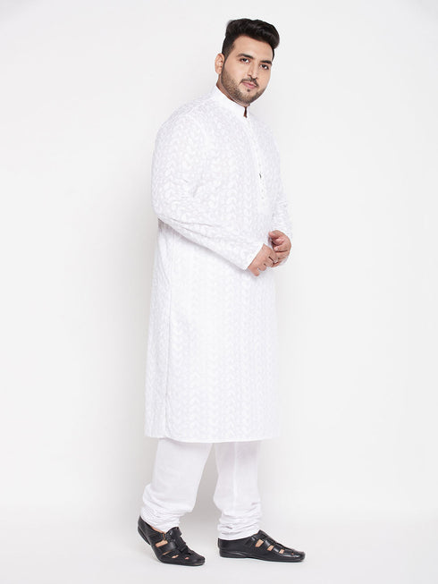 Vastramay Men's Plus Size White Chikankari Embroidered Kurta And White Pyjama Set