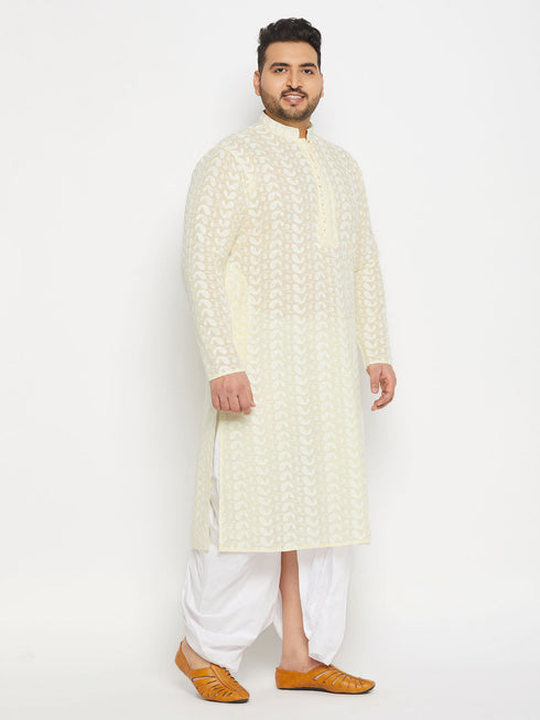 Vastramay Men's Plus Size Chikankari Embroidered Kurta And White Dhoti Set