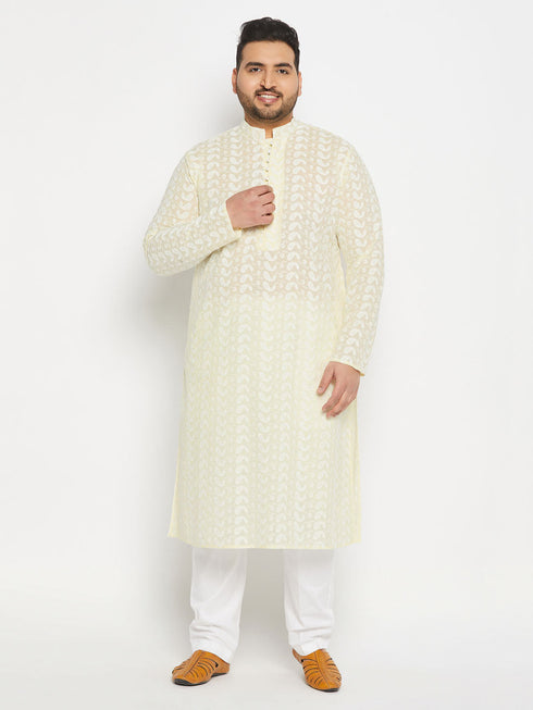 Vastramay Men's Plus Size Chikankari Embroidered Kurta And White Cotton Pant Style Pyjama Set