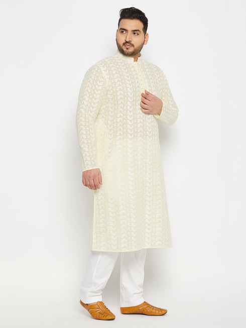 Vastramay Men's Plus Size Chikankari Embroidered Kurta And White Cotton Pant Style Pyjama Set