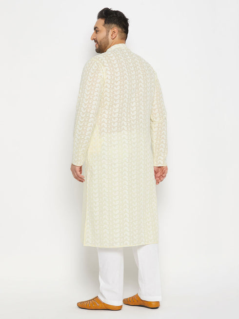 Vastramay Men's Plus Size Chikankari Embroidered Kurta And White Cotton Pant Style Pyjama Set