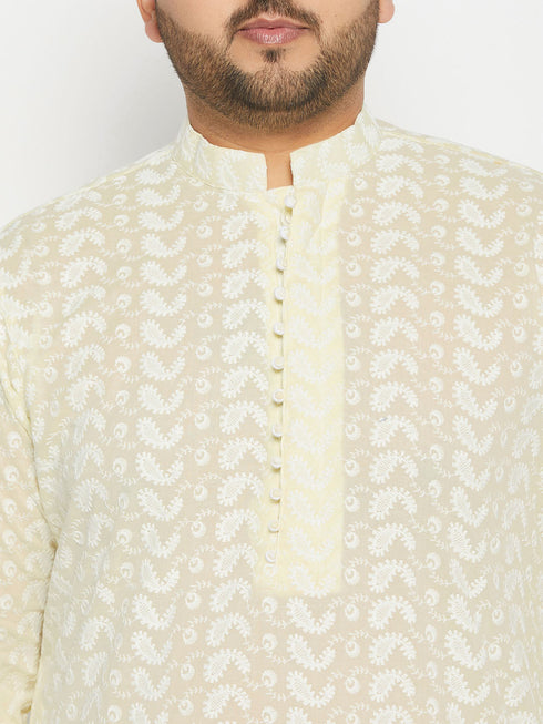 Vastramay Men's Plus Size Chikankari Embroidered Kurta And White Cotton Pant Style Pyjama Set