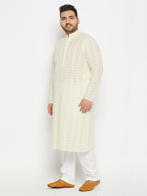 Vastramay Men's Plus Size Chikankari Embroidered Kurta And White Cotton Pant Style Pyjama Set