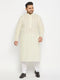 Vastramay Men's Plus Size Yellow Chikankari Embroidered Kurta And White Pyjama Set