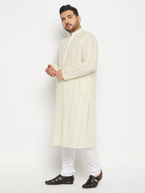 Vastramay Men's Plus Size Yellow Chikankari Embroidered Kurta And White Pyjama Set