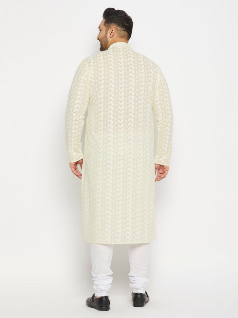 Vastramay Men's Plus Size Yellow Chikankari Embroidered Kurta And White Pyjama Set