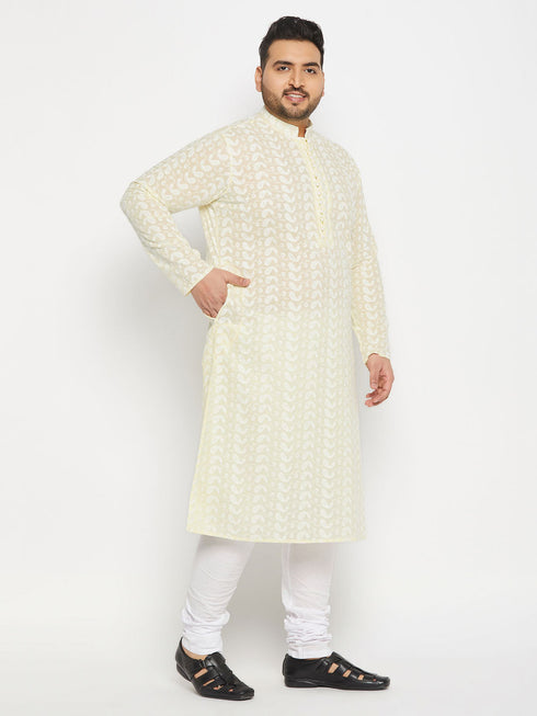 Vastramay Men's Plus Size Yellow Chikankari Embroidered Kurta And White Pyjama Set