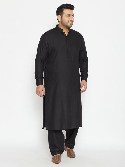 Vastramay Men's Plus Size Black Cotton Blend Pathani Set