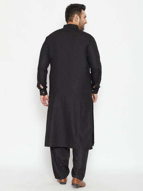 Vastramay Men's Plus Size Black Cotton Blend Pathani Set