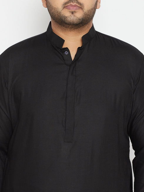 Vastramay Men's Plus Size Black Cotton Blend Pathani Set